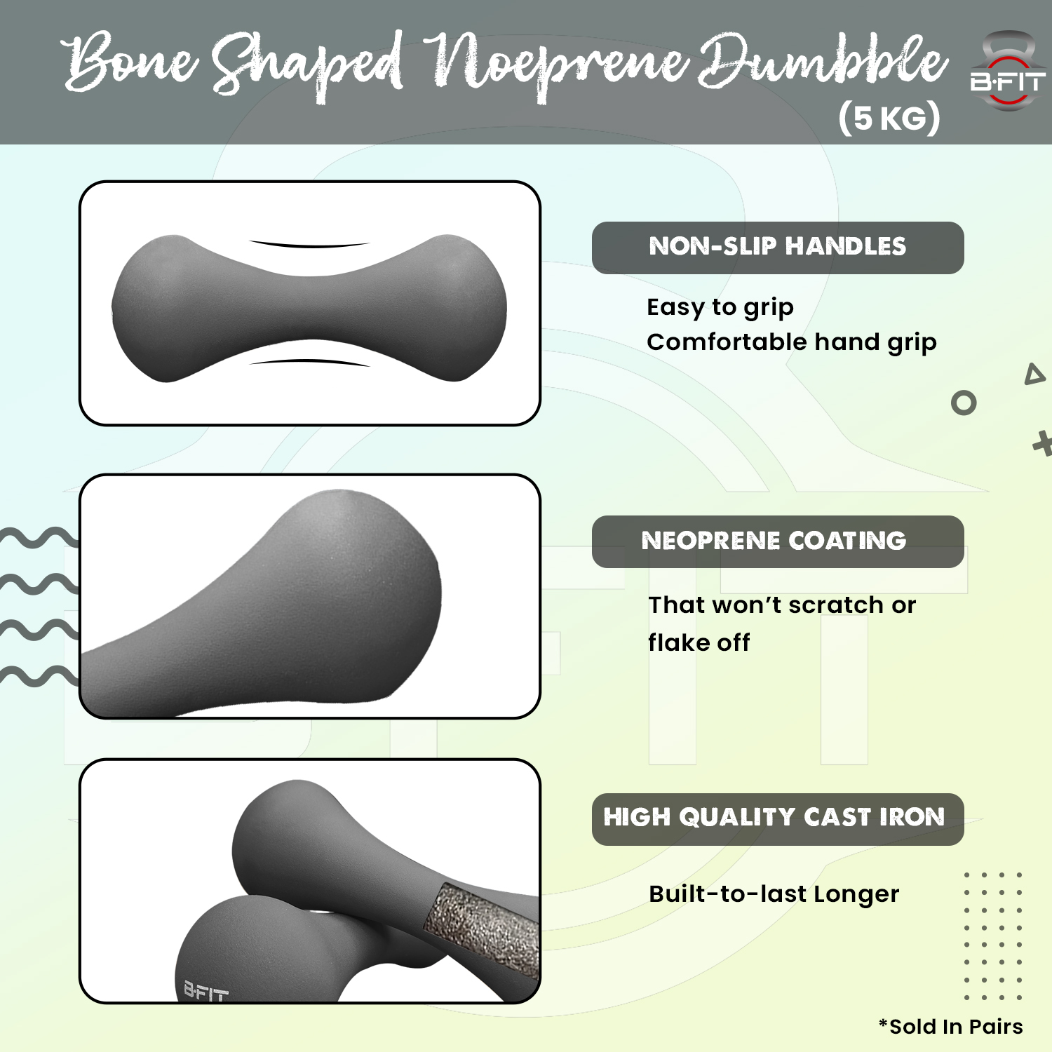 B Fit Bone Shape Neoprene Dumbbells 5 Kg Pair Non Slip Grip in Pair Packing