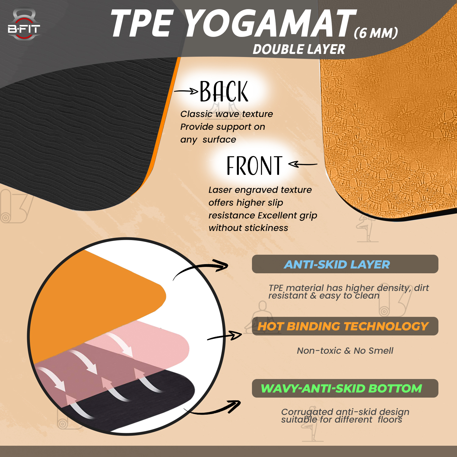 B Fit Premium TPE Yoga Mat Orange Color - Classic 6 MM Pro Yoga Mat Eco Friendly Non Slip Fitness Exercise Mat with Smart Carry Bag-Workout Mat for Yoga Pilates and Floor Exercises