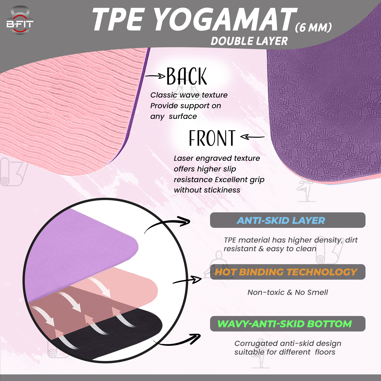 B Fit Premium TPE Yoga Mat Purple Color - Classic 6 MM Pro Yoga Mat Eco Friendly Non Slip Fitness Exercise Mat with Smart Carry Bag-Workout Mat for Yoga Pilates and Floor Exercises