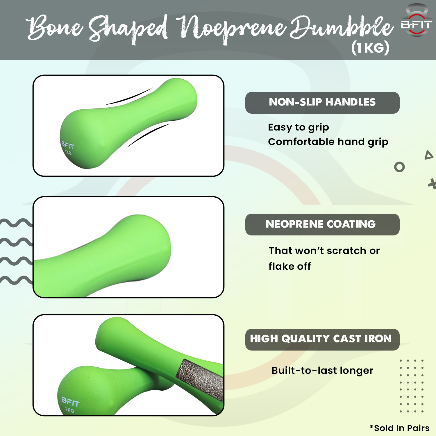 B Fit Bone Shape Neoprene Dumbbells 1 Kg Pair Non Slip Grip in Pair Packing