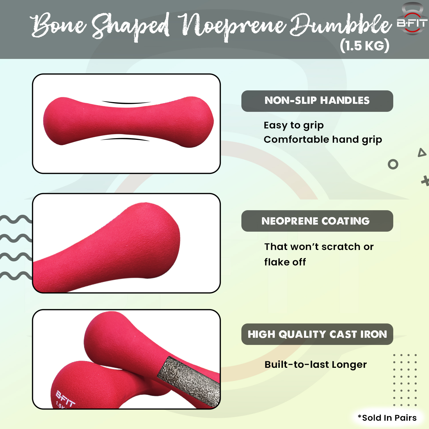 B Fit Bone Shape Neoprene Dumbbells 15 Kg Pair Non Slip Grip in Pair Packing