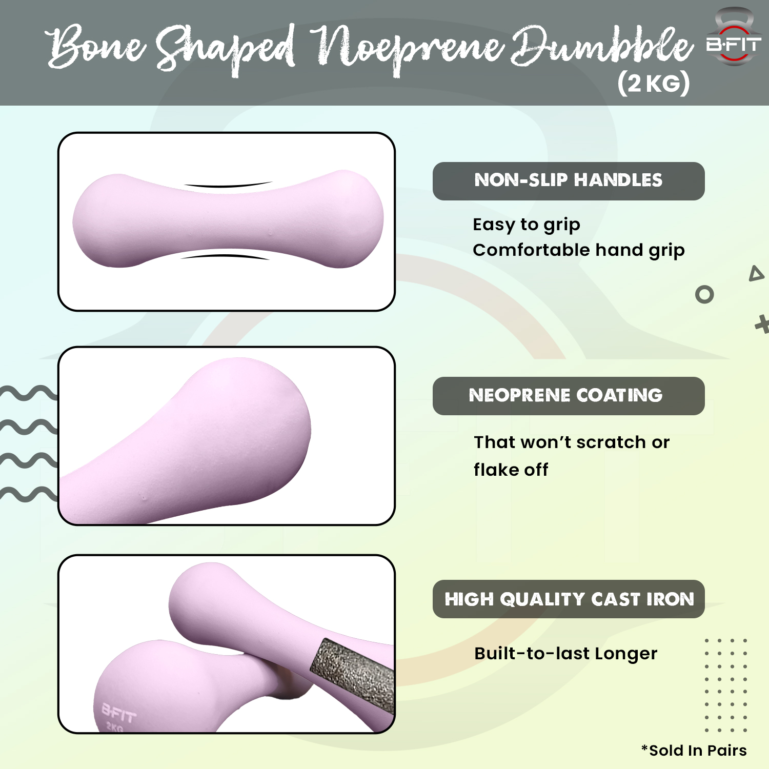 B Fit Bone Shape Neoprene Dumbbells 2 Kg Pair Non Slip Grip in Pair Packing