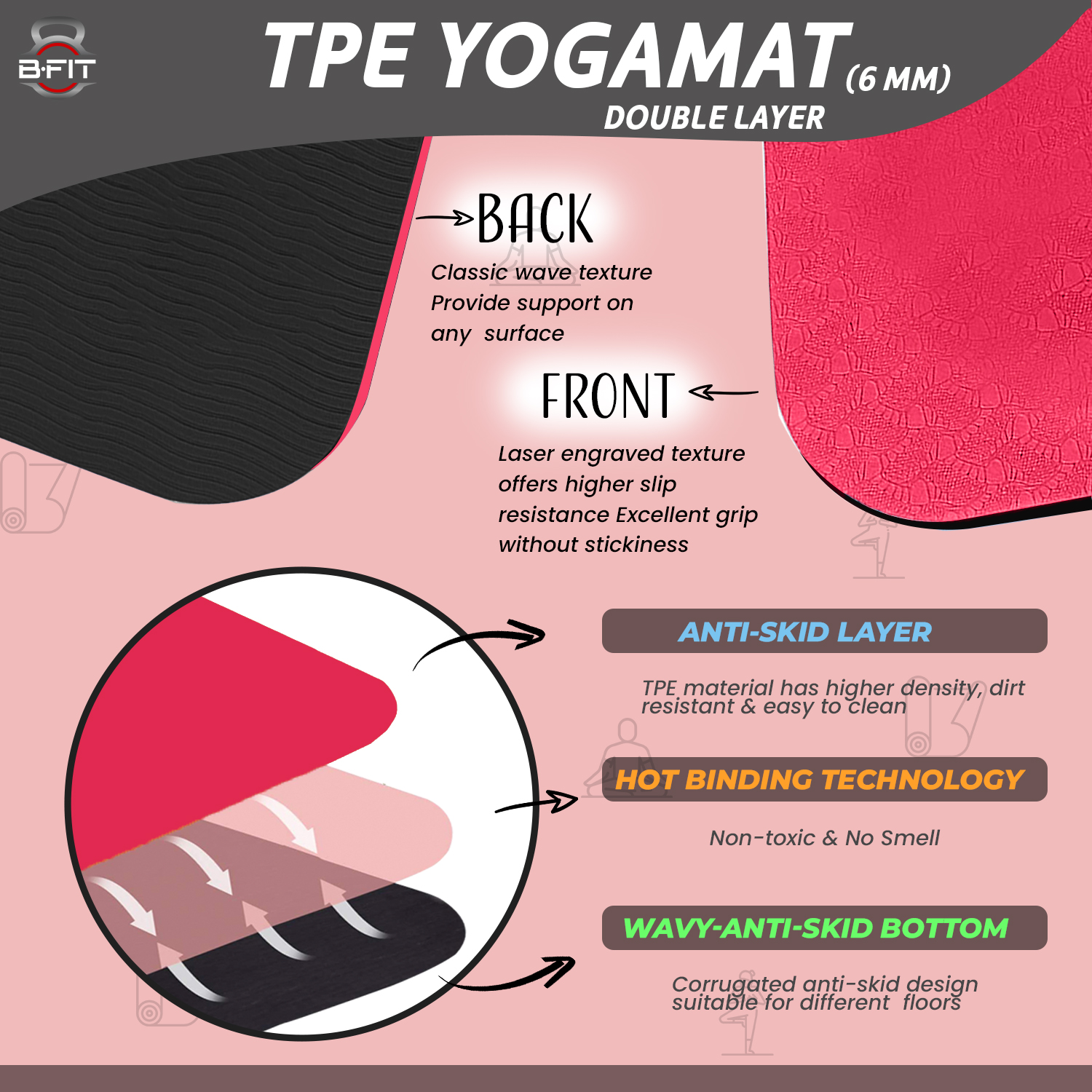 B Fit Premium TPE Yoga Mat Red Color - Classic 6 MM Pro Yoga Mat Eco Friendly Non Slip Fitness Exercise Mat with Smart Carry Bag-Workout Mat for Yoga Pilates and Floor Exercises
