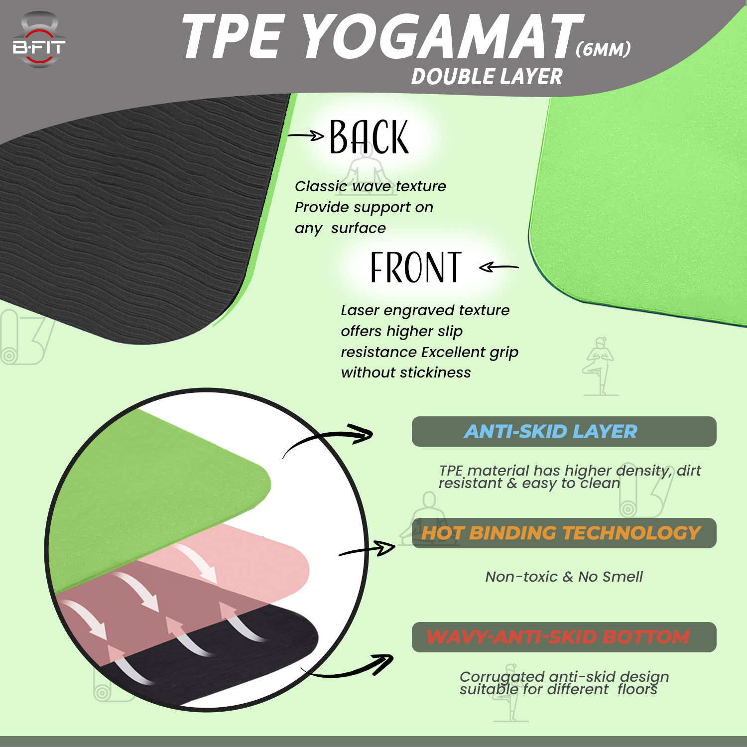 B Fit Premium TPE Yoga Mat Light Green Color - Classic 6 MM Pro Yoga Mat Eco Friendly Non Slip Fitness Exercise Mat with Smart Carry Bag-Workout Mat for Yoga Pilates and Floor Exercises