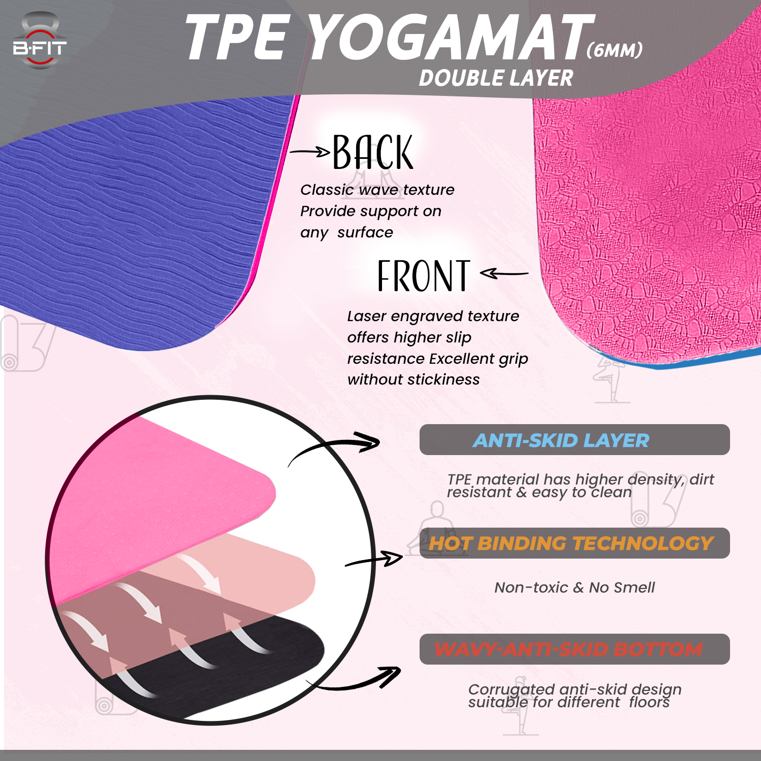 B Fit Premium TPE Yoga Mat Pink-Blue Color - Classic 6 MM Pro Yoga Mat Eco Friendly Non Slip Fitness Exercise Mat with Smart Carry Bag-Workout Mat for Yoga Pilates and Floor Exercises