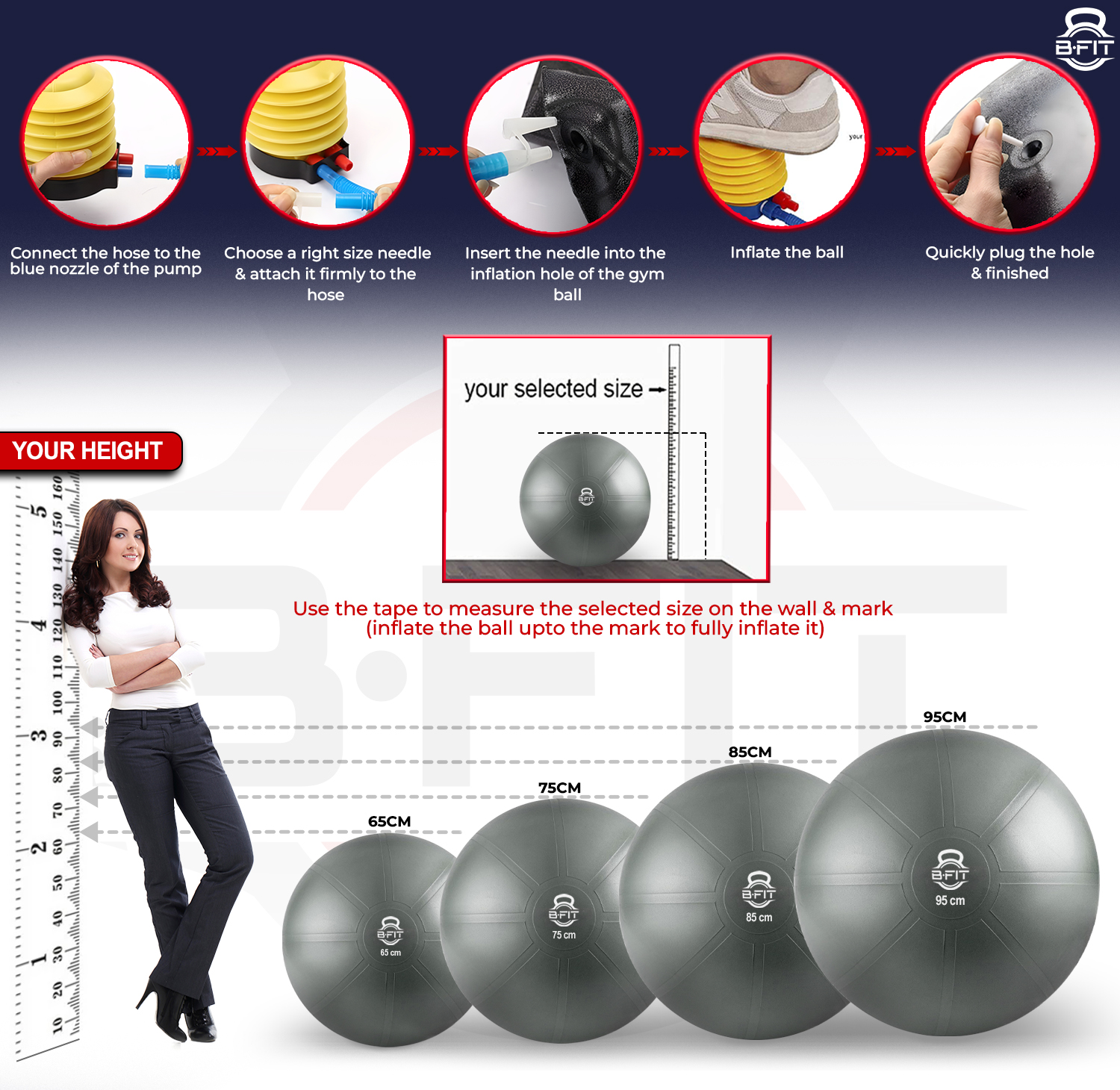 B Fit Heavy Duty Dark Grey Heavy Commercial Gym Ball 65-95 Cm - Non-Slip Stability Ball - Anti Burst Yoga Ball