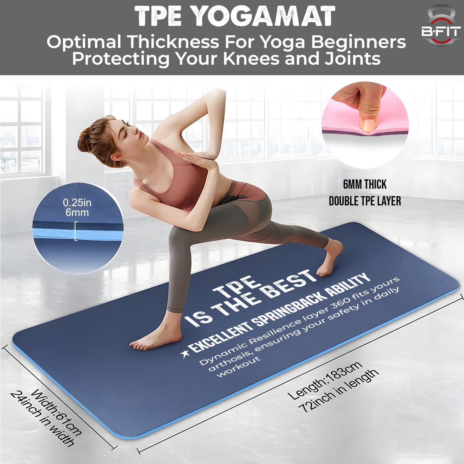 B Fit Premium TPE Yoga Mat Teal Blue Color - Classic 6 MM Pro Yoga Mat Eco Friendly Non Slip Fitness Exercise Mat with Smart Carry Bag-Workout Mat for Yoga Pilates and Floor Exercises