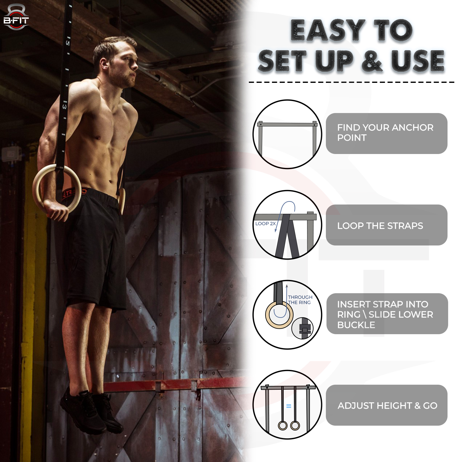 B Fit Gymnastic Rings Roman Rings Olympic Gym Wooden Rings with Heavy Duty Adjustable Straps for GymCross TrainingStrength TrainingPull Ups and Dips