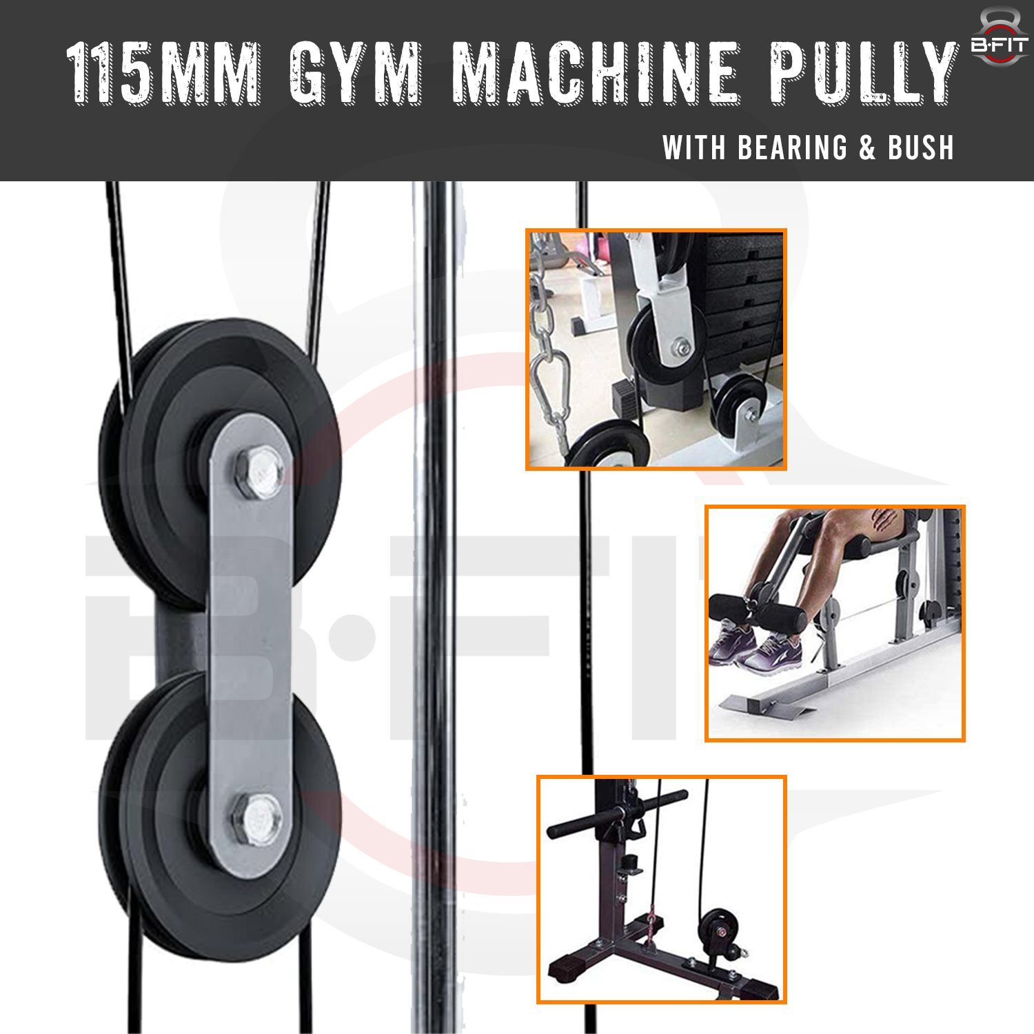 B Fit Gym Pulley 115 MM Black with inbuilt Bearing and Bush Wheel Cable Gym Fitness Equipment Part Set