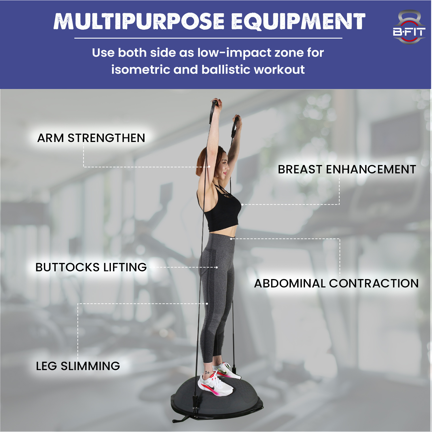 B Fit Balance Trainer Stability Half Bosu Ball 70 Cm with Resistance Bands Pushup Stands and Pump - Improve Core and Ab Strength With Full Body Home Gym Workouts Or Fitness Training