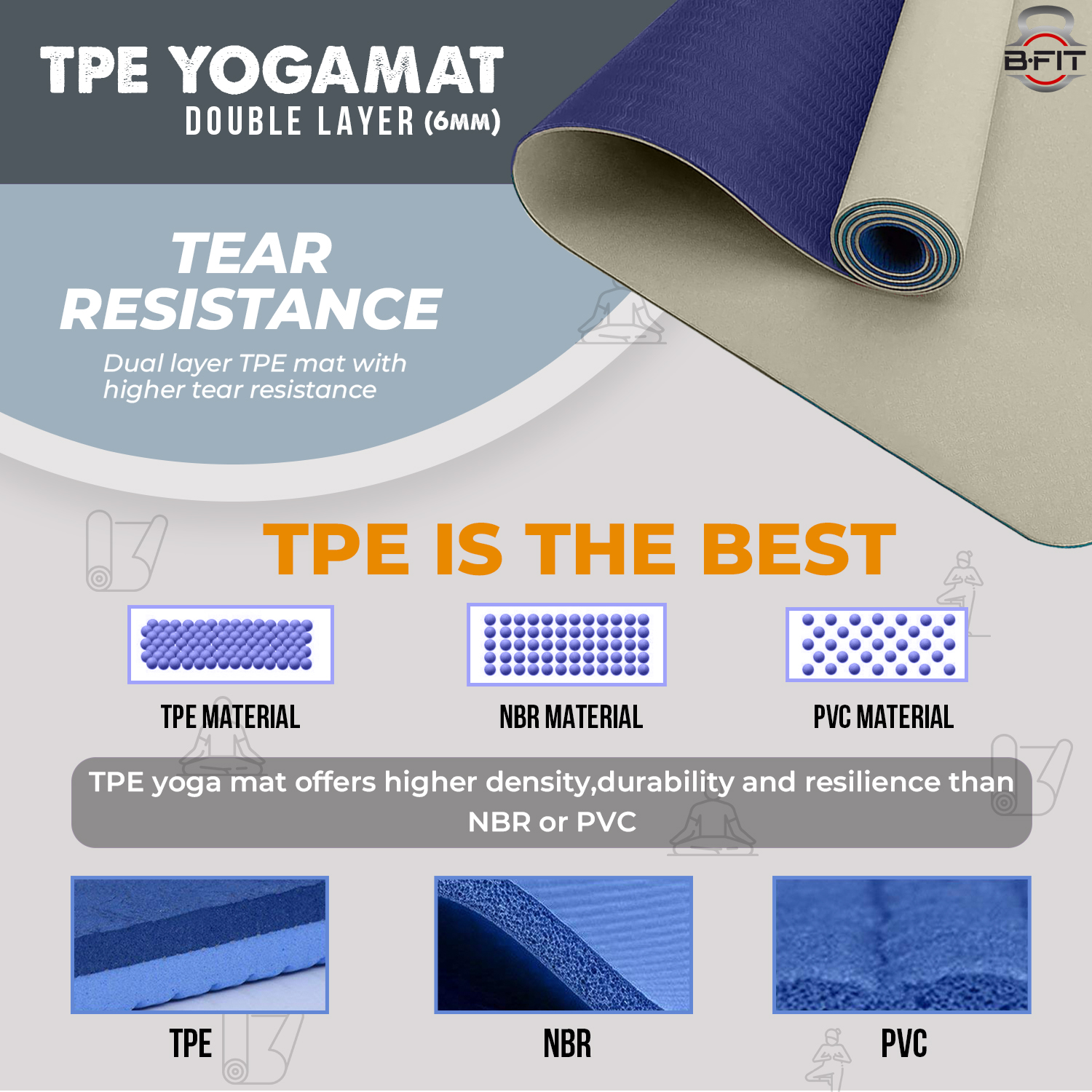 B Fit Premium TPE Yoga Mat Off White Color - Classic 6 MM Pro Yoga Mat Eco Friendly Non Slip Fitness Exercise Mat with Smart Carry Bag-Workout Mat for Yoga Pilates and Floor Exercises