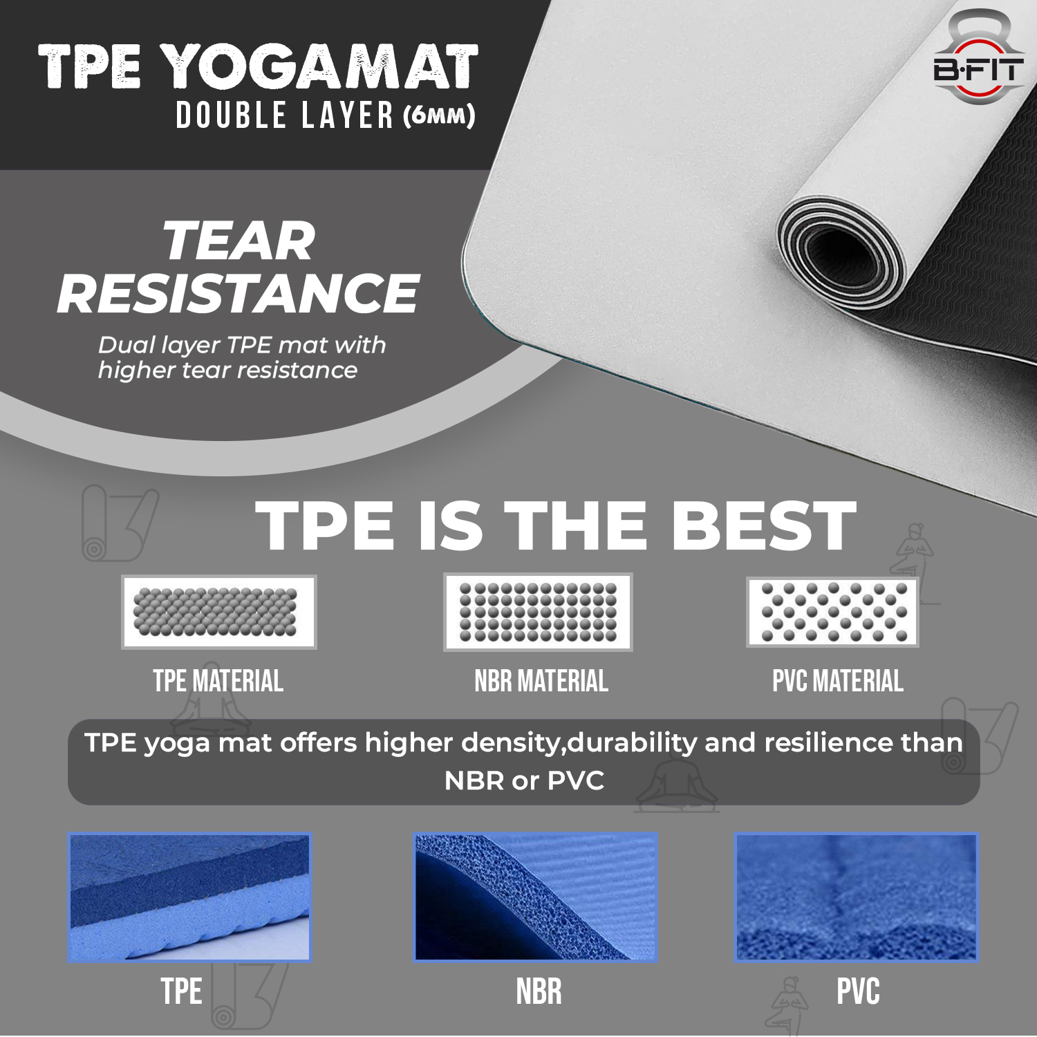 B Fit Premium TPE Yoga Mat Grayish White Color - Classic 6 MM Pro Yoga Mat Eco Friendly Non Slip Fitness Exercise Mat with Smart Carry Bag-Workout Mat for Yoga Pilates and Floor Exercises