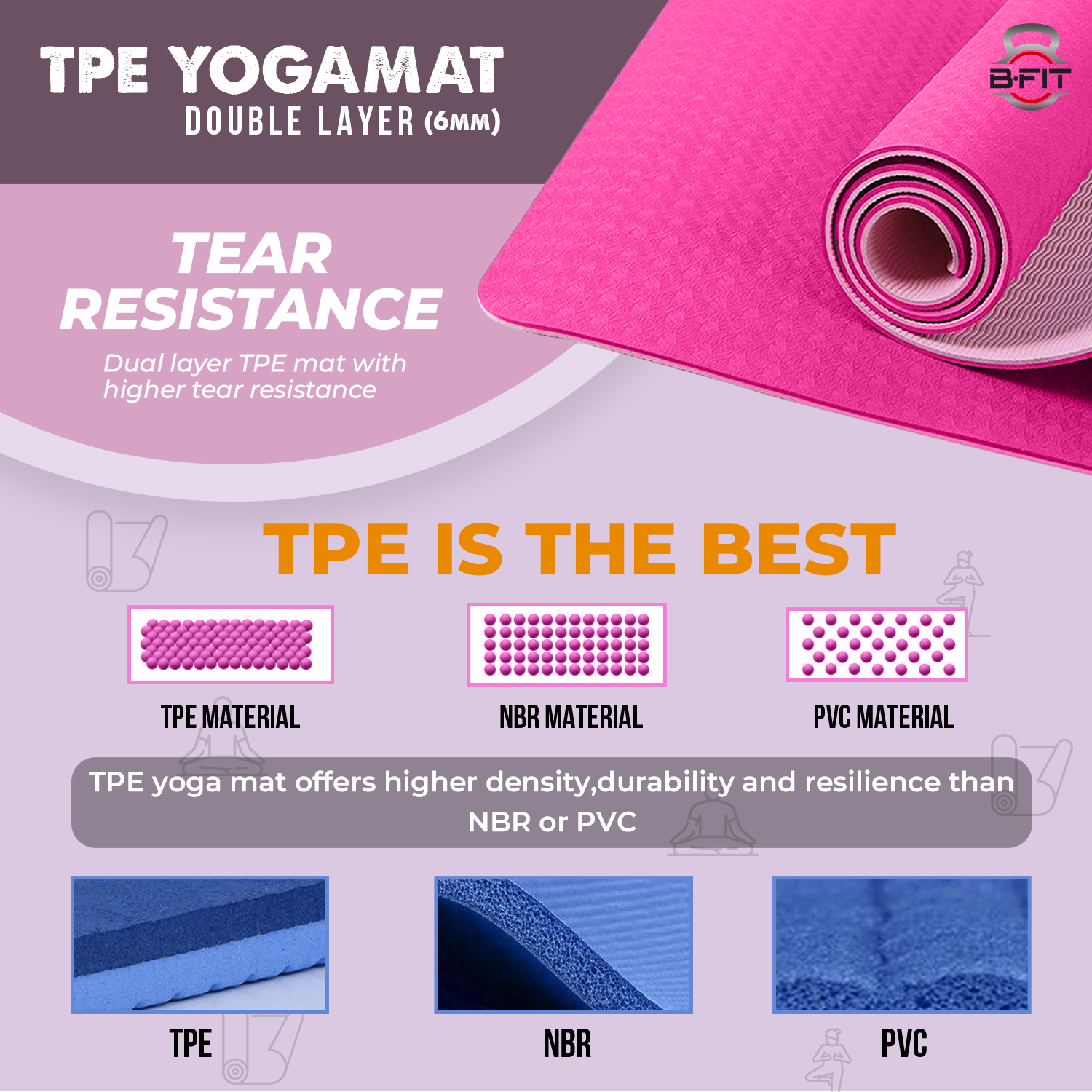B Fit Premium TPE Yoga Mat Pink Color - Classic 6 MM Pro Yoga Mat Eco Friendly Non Slip Fitness Exercise Mat with Smart Carry Bag-Workout Mat for Yoga Pilates and Floor Exercises