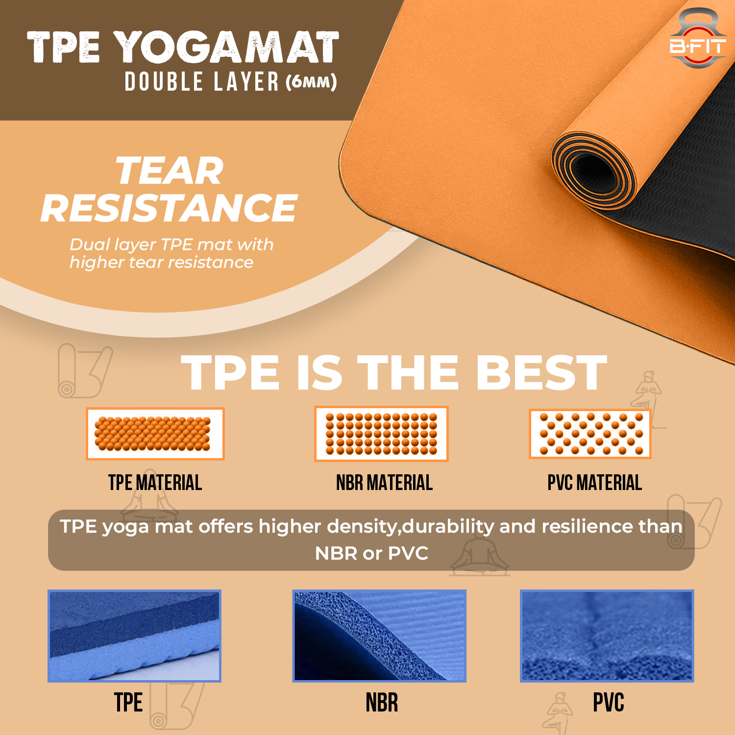 B Fit Premium TPE Yoga Mat Orange Color - Classic 6 MM Pro Yoga Mat Eco Friendly Non Slip Fitness Exercise Mat with Smart Carry Bag-Workout Mat for Yoga Pilates and Floor Exercises