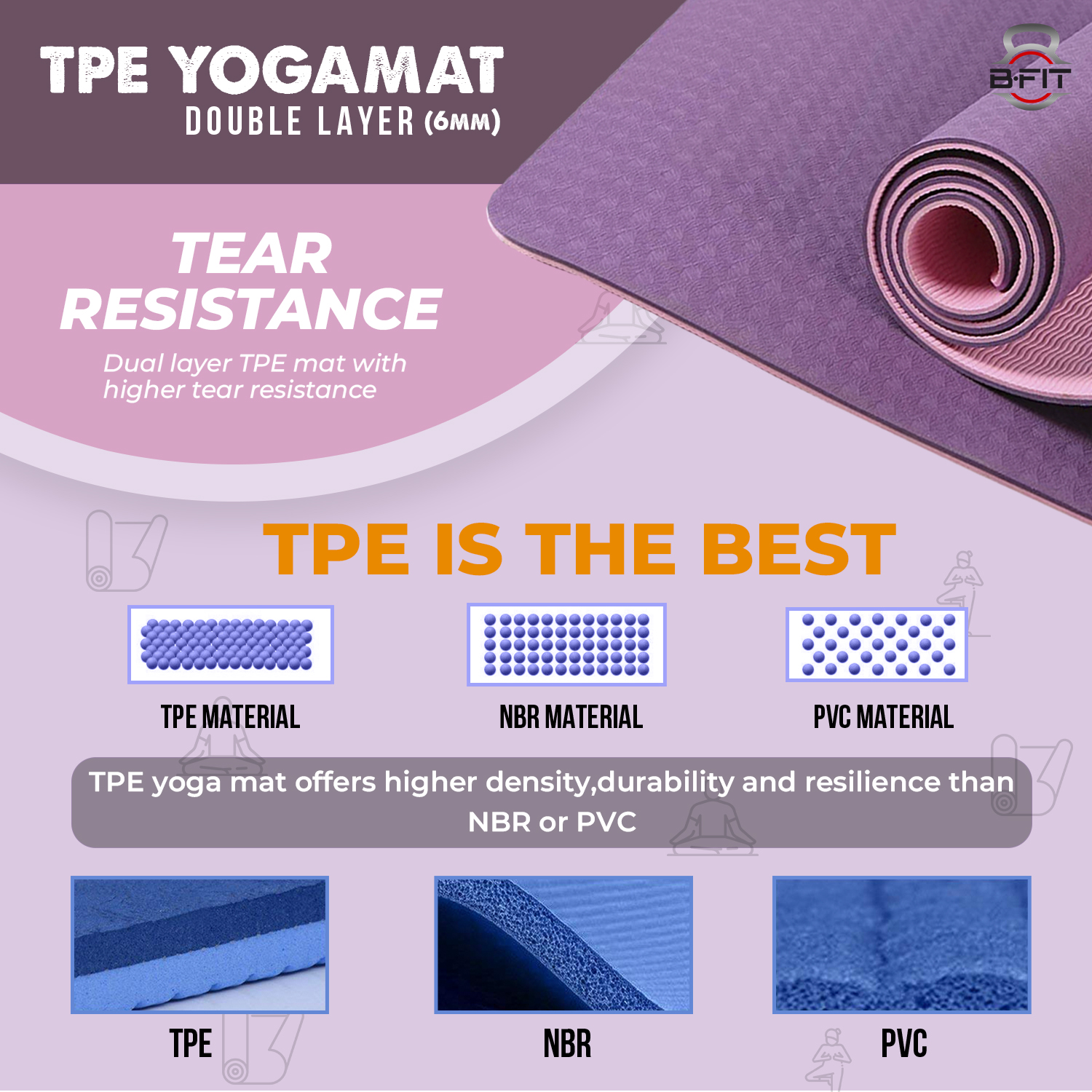 B Fit Premium TPE Yoga Mat Purple Color - Classic 6 MM Pro Yoga Mat Eco Friendly Non Slip Fitness Exercise Mat with Smart Carry Bag-Workout Mat for Yoga Pilates and Floor Exercises