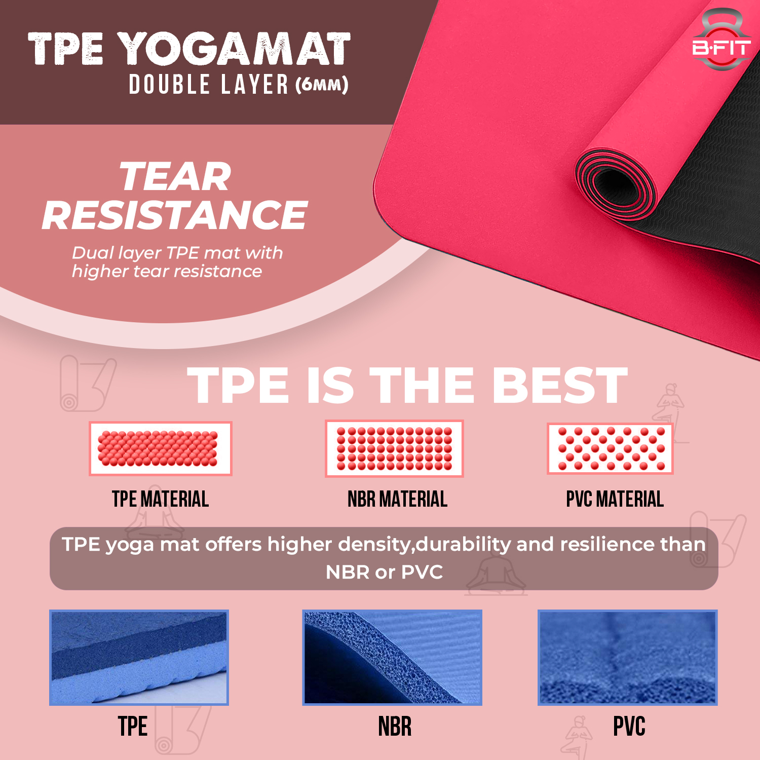 B Fit Premium TPE Yoga Mat Red Color - Classic 6 MM Pro Yoga Mat Eco Friendly Non Slip Fitness Exercise Mat with Smart Carry Bag-Workout Mat for Yoga Pilates and Floor Exercises