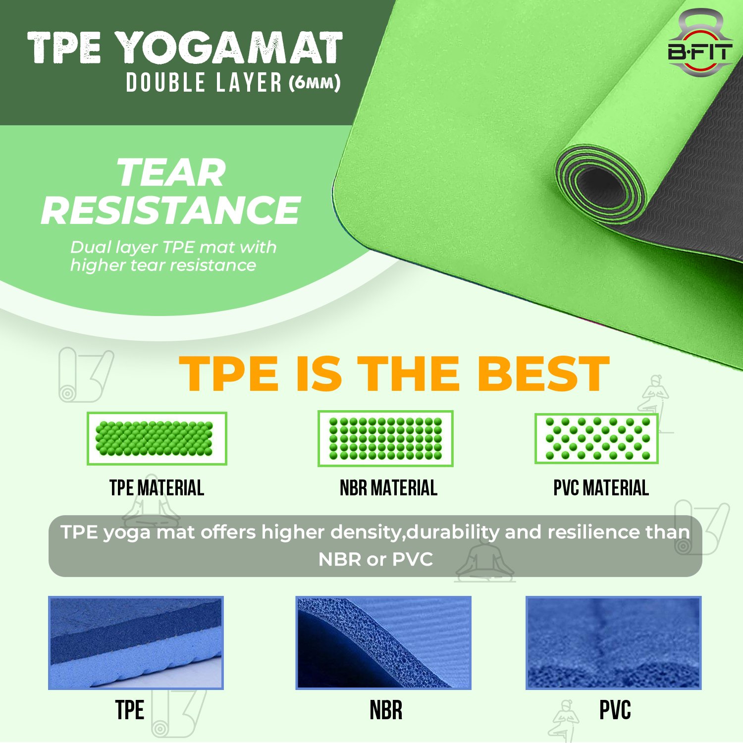 B Fit Premium TPE Yoga Mat Light Green Color - Classic 6 MM Pro Yoga Mat Eco Friendly Non Slip Fitness Exercise Mat with Smart Carry Bag-Workout Mat for Yoga Pilates and Floor Exercises