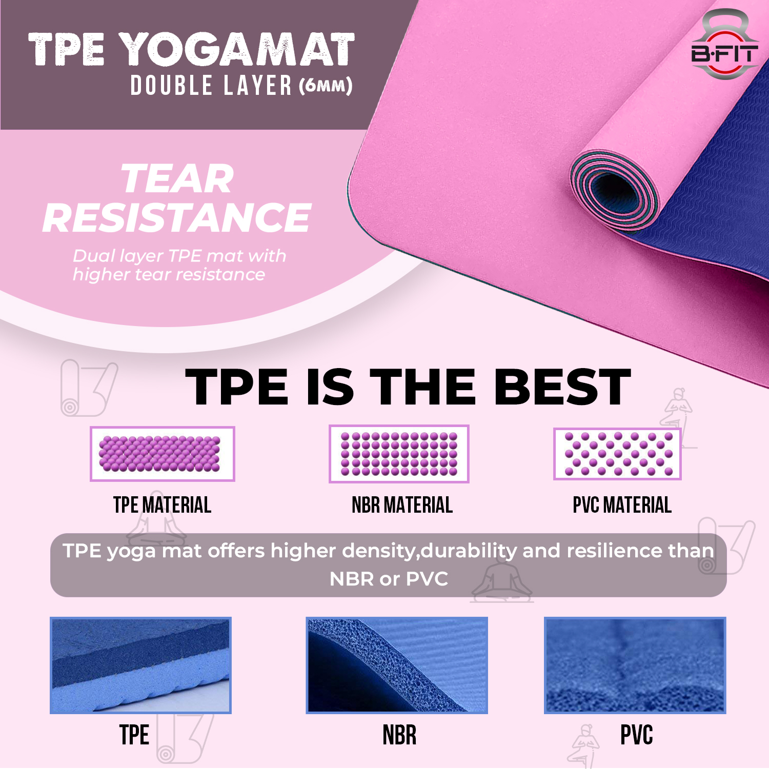 B Fit Premium TPE Yoga Mat Pink-Blue Color - Classic 6 MM Pro Yoga Mat Eco Friendly Non Slip Fitness Exercise Mat with Smart Carry Bag-Workout Mat for Yoga Pilates and Floor Exercises