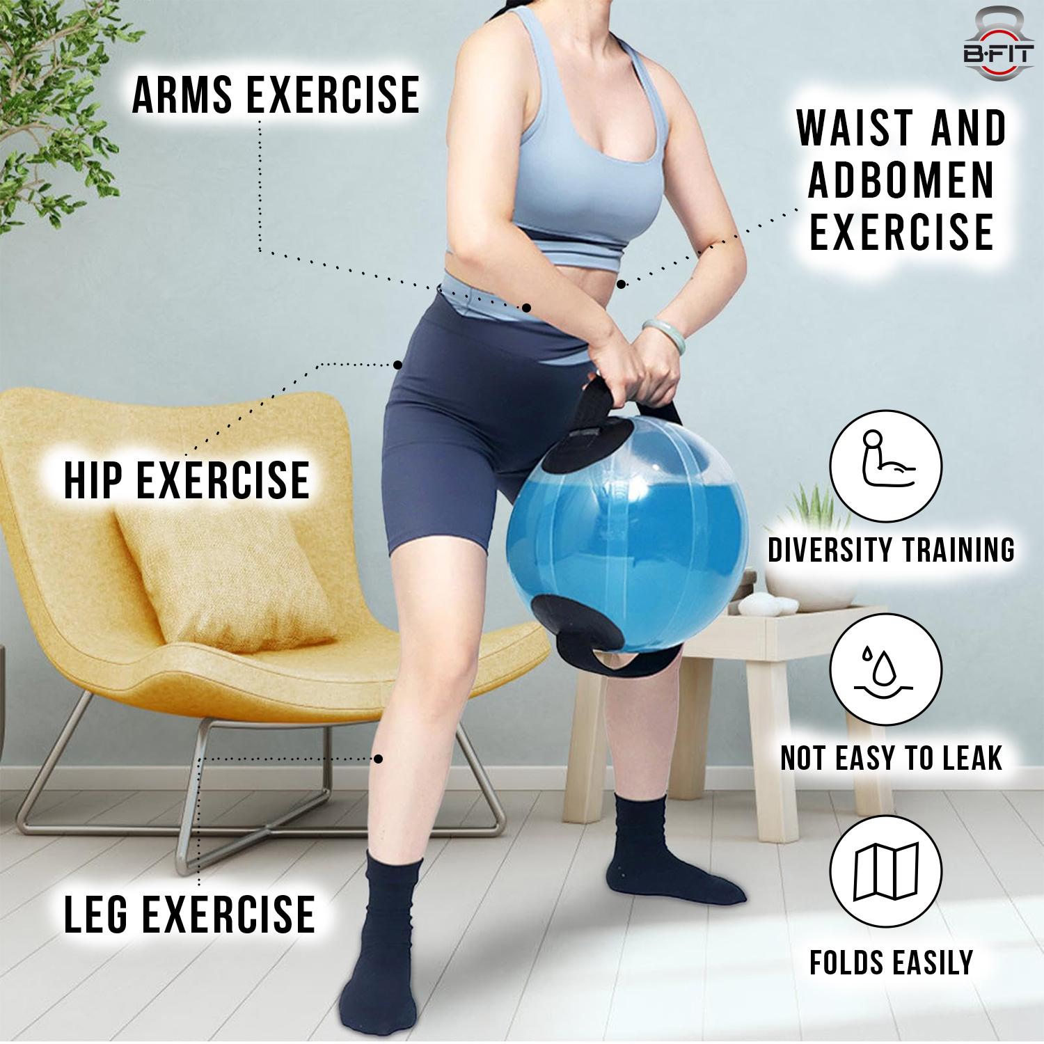 B Fit Adjustable Aqua Bag Power Bag with Water - Core and Balance Device- Portable Stability Fitness Equipment -Free App for Full Body Workout