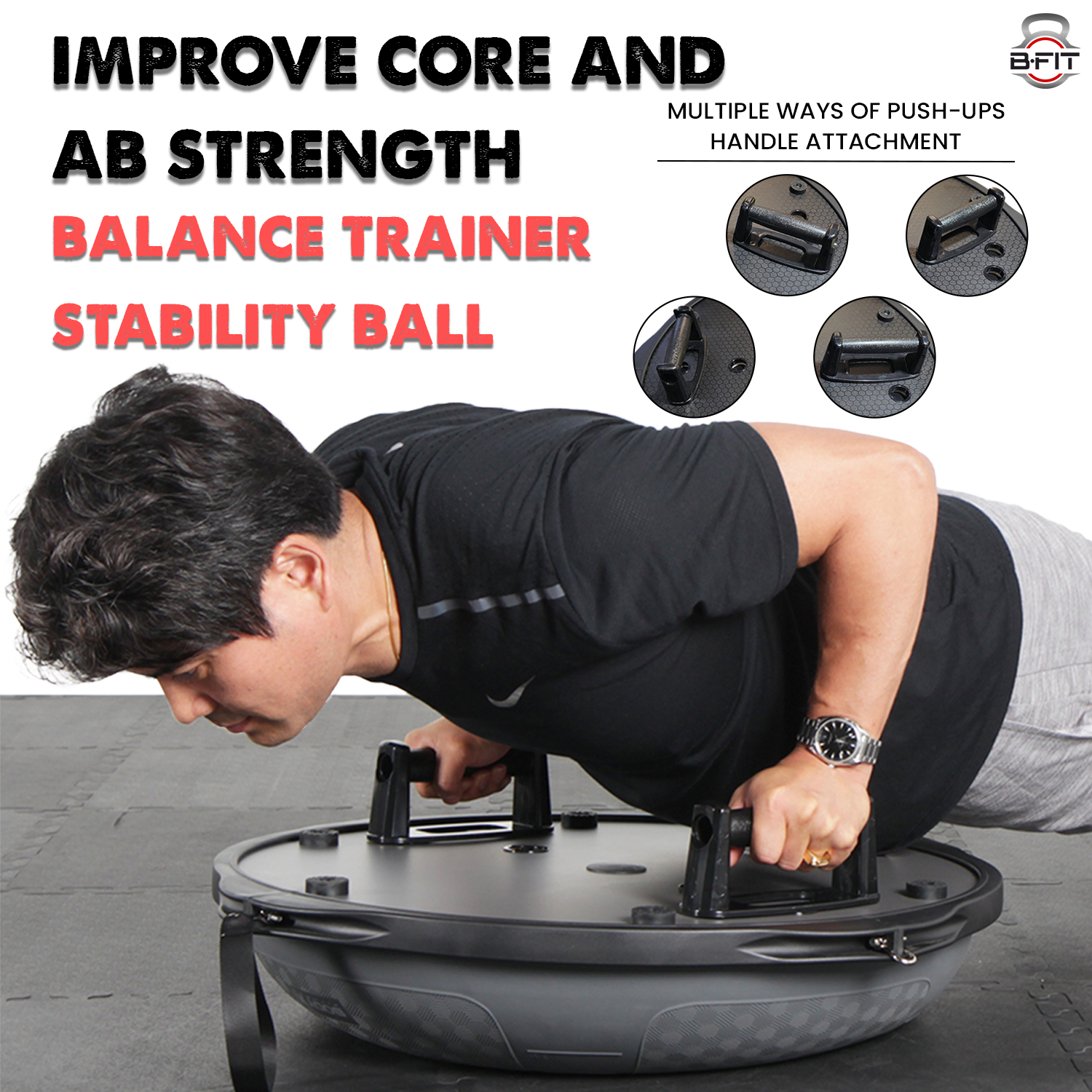 B Fit Balance Trainer Stability Half Bosu Ball 70 Cm with Resistance Bands  Pushup Stands and Pump - Improve Core and Ab Strength With Full Body Home Gym Workouts Or Fitness Training