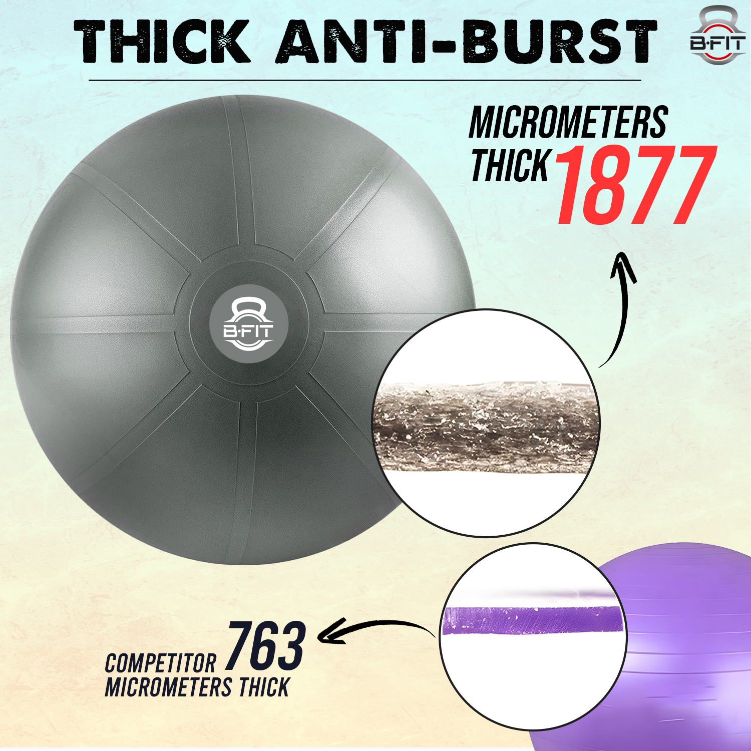 B Fit Heavy Duty Dark Grey Heavy Commercial Gym Ball 65-95 Cm - Non-Slip Stability Ball - Anti Burst Yoga Ball
