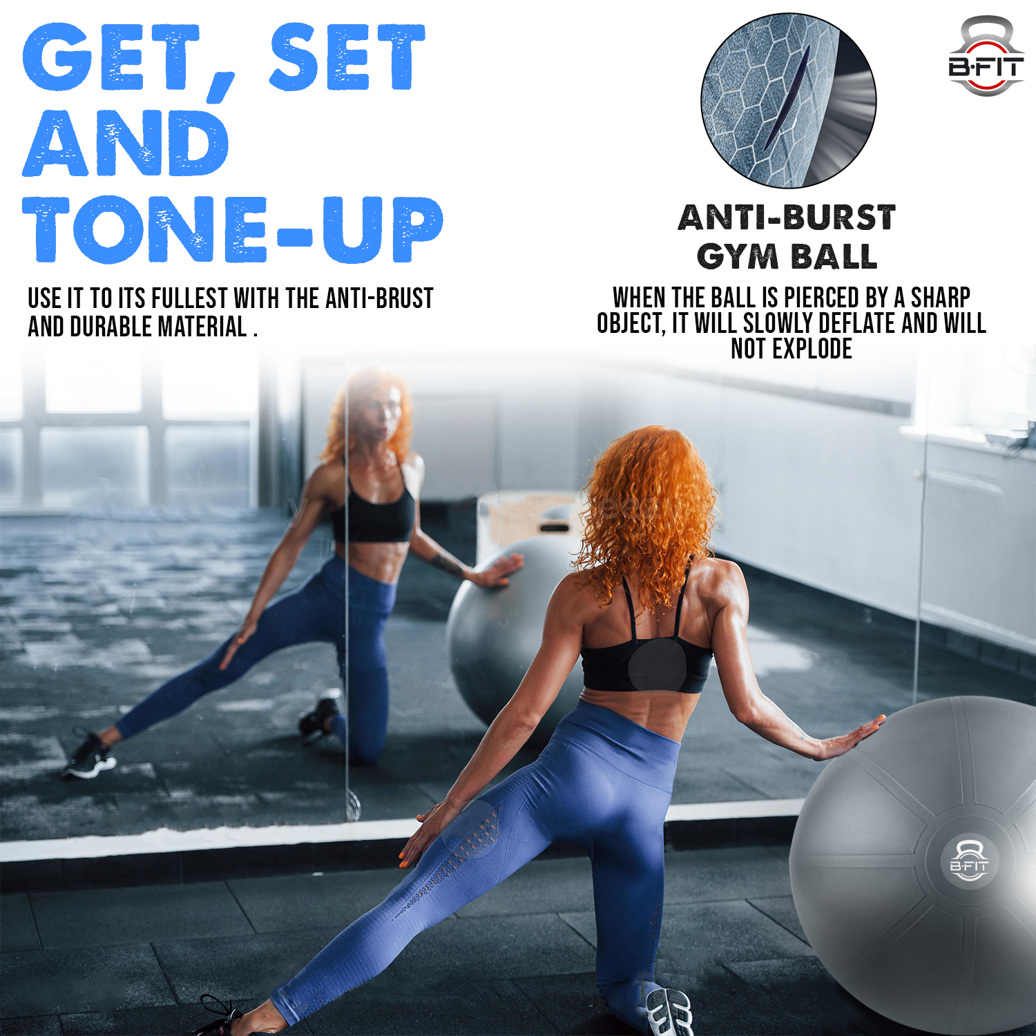 B Fit Heavy Duty Dark Grey Heavy Commercial Gym Ball 65-95 Cm - Non-Slip Stability Ball - Anti Burst Yoga Ball