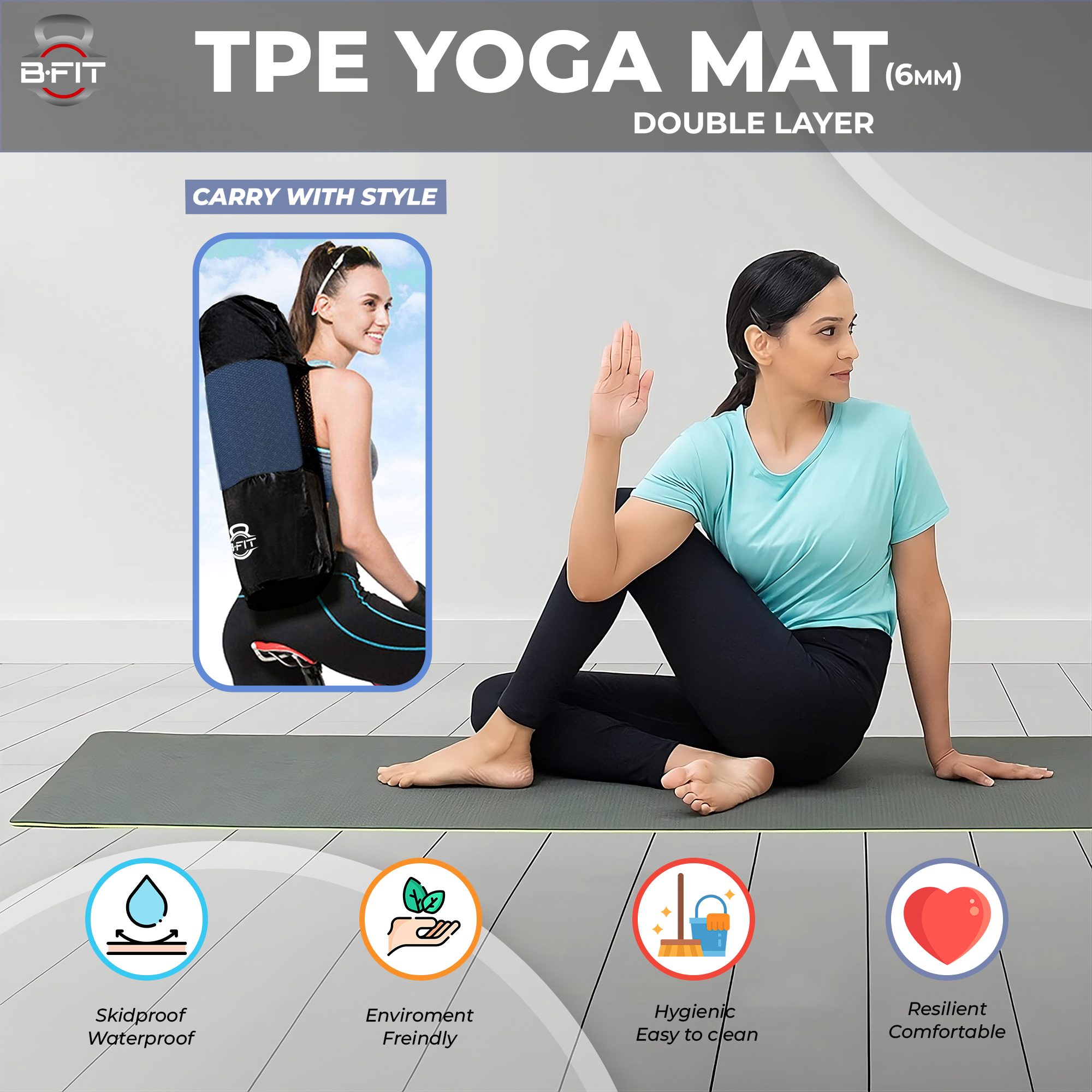 B Fit Premium TPE Yoga Mat Sky Blue Color - Classic 6 MM Pro Yoga Mat Eco Friendly Non Slip Fitness Exercise Mat with Smart Carry Bag-Workout Mat for Yoga Pilates and Floor Exercises