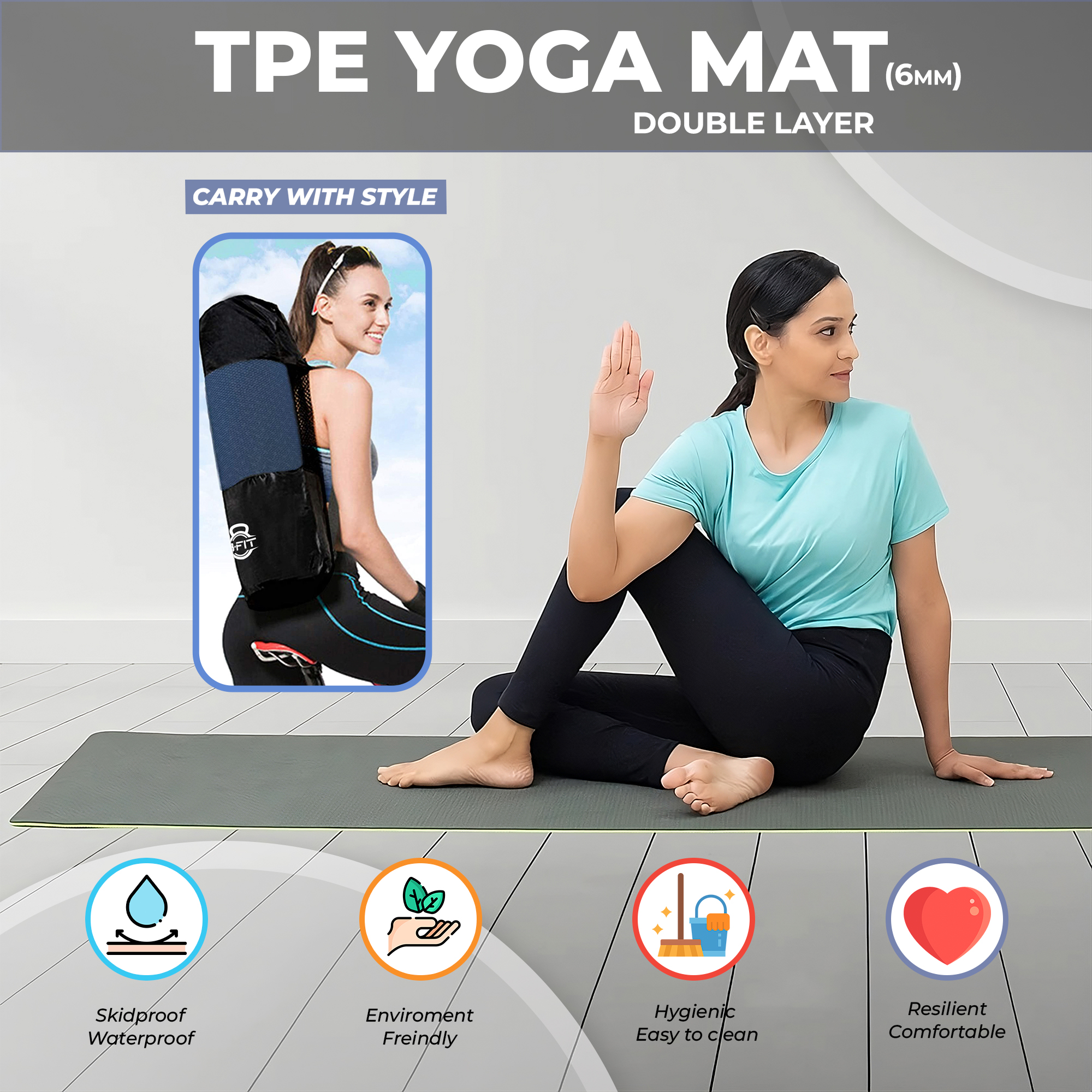 B Fit Premium TPE Yoga Mat Light Green Color - Classic 6 MM Pro Yoga Mat Eco Friendly Non Slip Fitness Exercise Mat with Smart Carry Bag-Workout Mat for Yoga Pilates and Floor Exercises