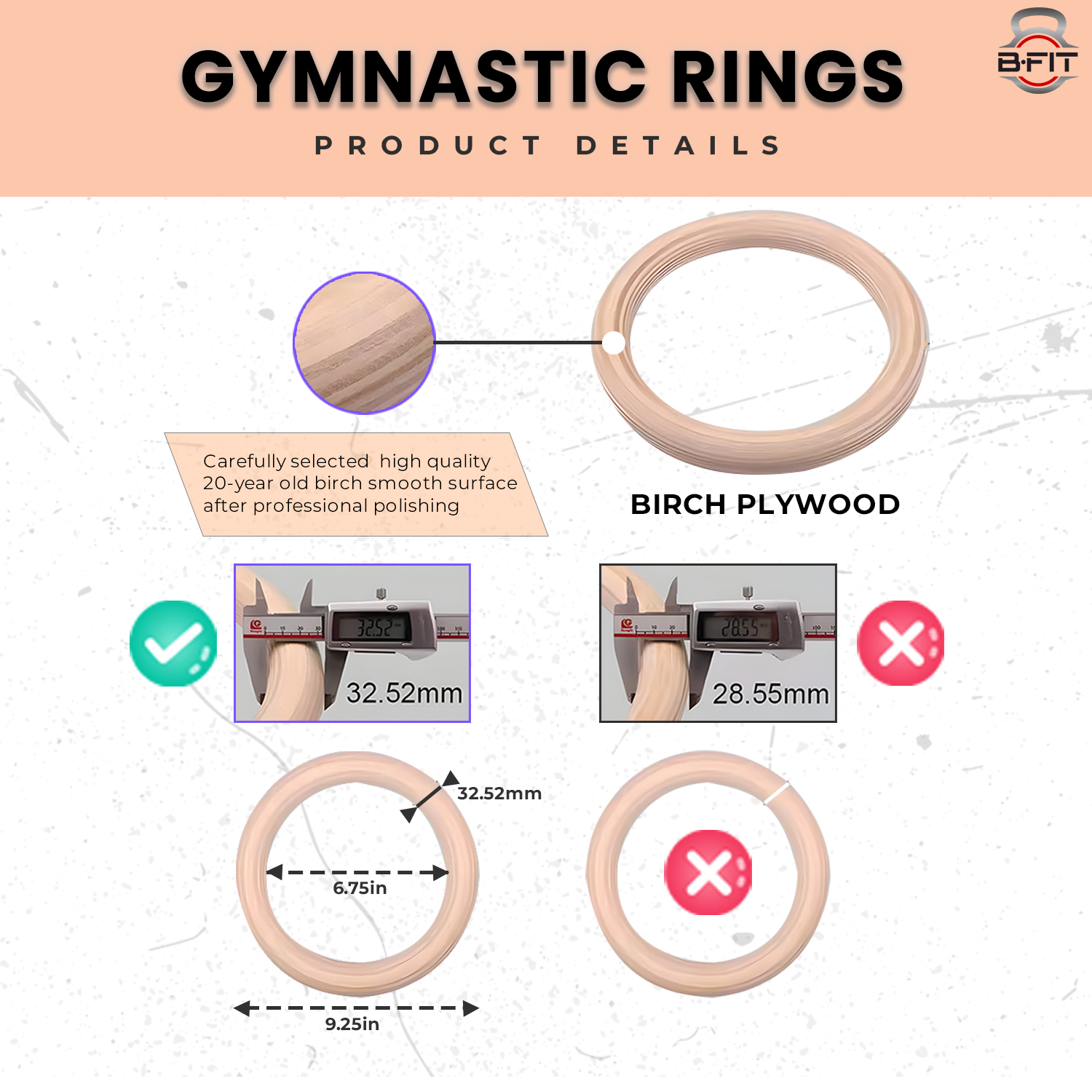 B Fit Gymnastic Rings Roman Rings Olympic Gym Wooden Rings with Heavy Duty Adjustable Straps for GymCross TrainingStrength TrainingPull Ups and Dips