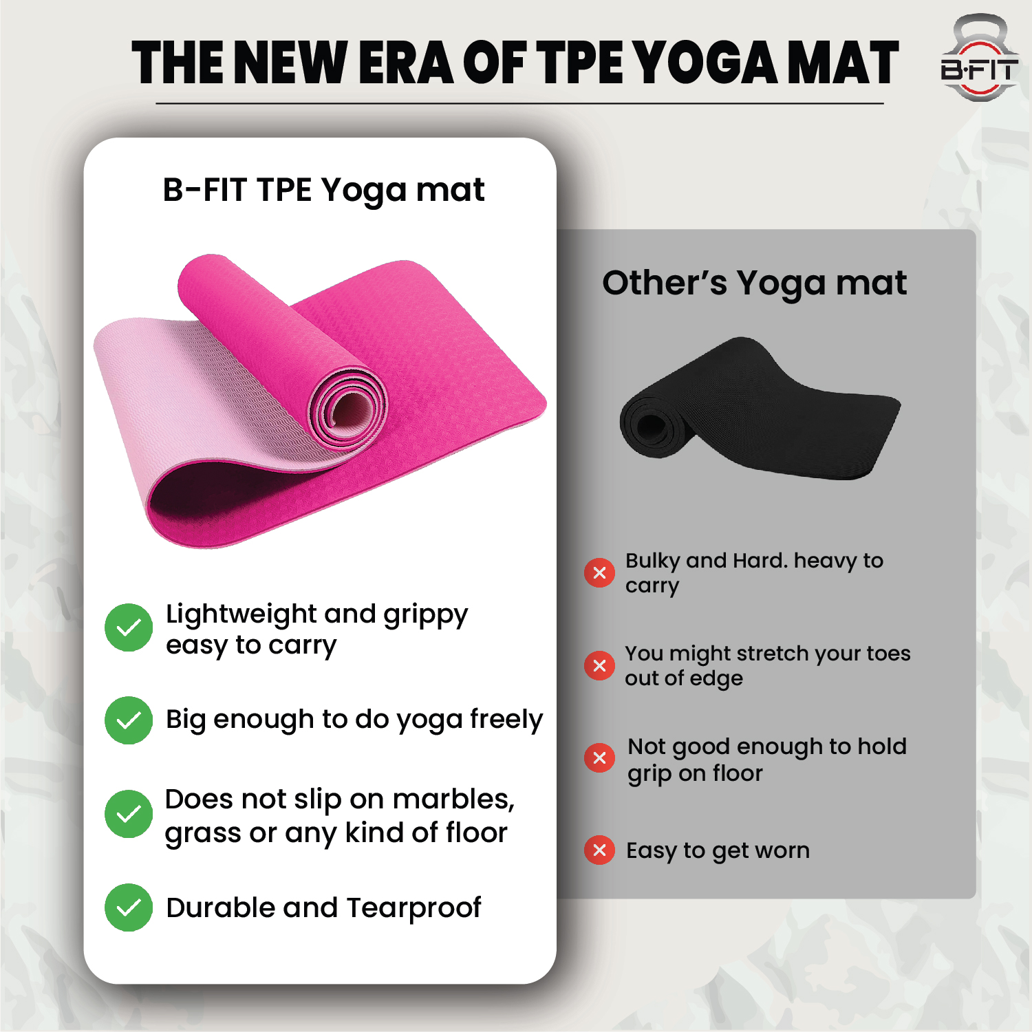 B Fit Premium TPE Yoga Mat Pink Color - Classic 6 MM Pro Yoga Mat Eco Friendly Non Slip Fitness Exercise Mat with Smart Carry Bag-Workout Mat for Yoga Pilates and Floor Exercises