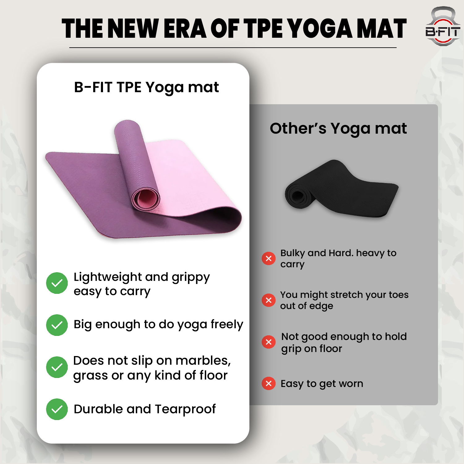 B Fit Premium TPE Yoga Mat Purple Color - Classic 6 MM Pro Yoga Mat Eco Friendly Non Slip Fitness Exercise Mat with Smart Carry Bag-Workout Mat for Yoga Pilates and Floor Exercises