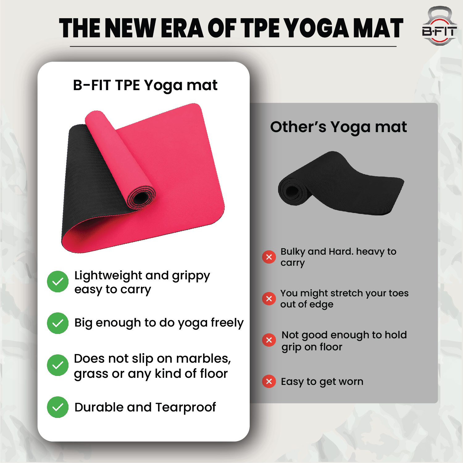 B Fit Premium TPE Yoga Mat Red Color - Classic 6 MM Pro Yoga Mat Eco Friendly Non Slip Fitness Exercise Mat with Smart Carry Bag-Workout Mat for Yoga Pilates and Floor Exercises