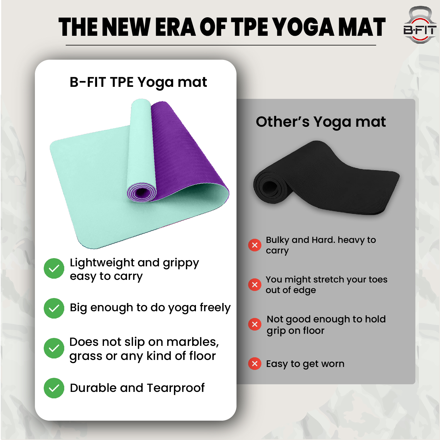 B Fit Premium TPE Yoga Mat Teal Blue Color - Classic 6 MM Pro Yoga Mat Eco Friendly Non Slip Fitness Exercise Mat with Smart Carry Bag-Workout Mat for Yoga Pilates and Floor Exercises