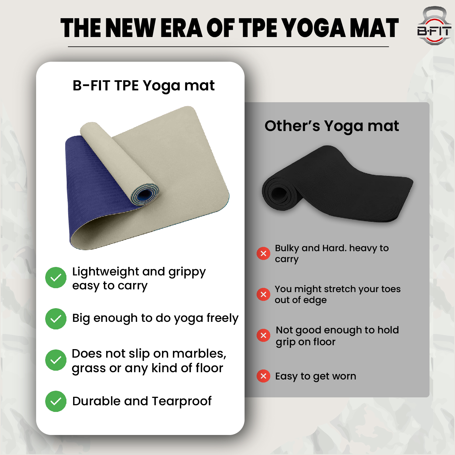 B Fit Premium TPE Yoga Mat Off White Color - Classic 6 MM Pro Yoga Mat Eco Friendly Non Slip Fitness Exercise Mat with Smart Carry Bag-Workout Mat for Yoga Pilates and Floor Exercises