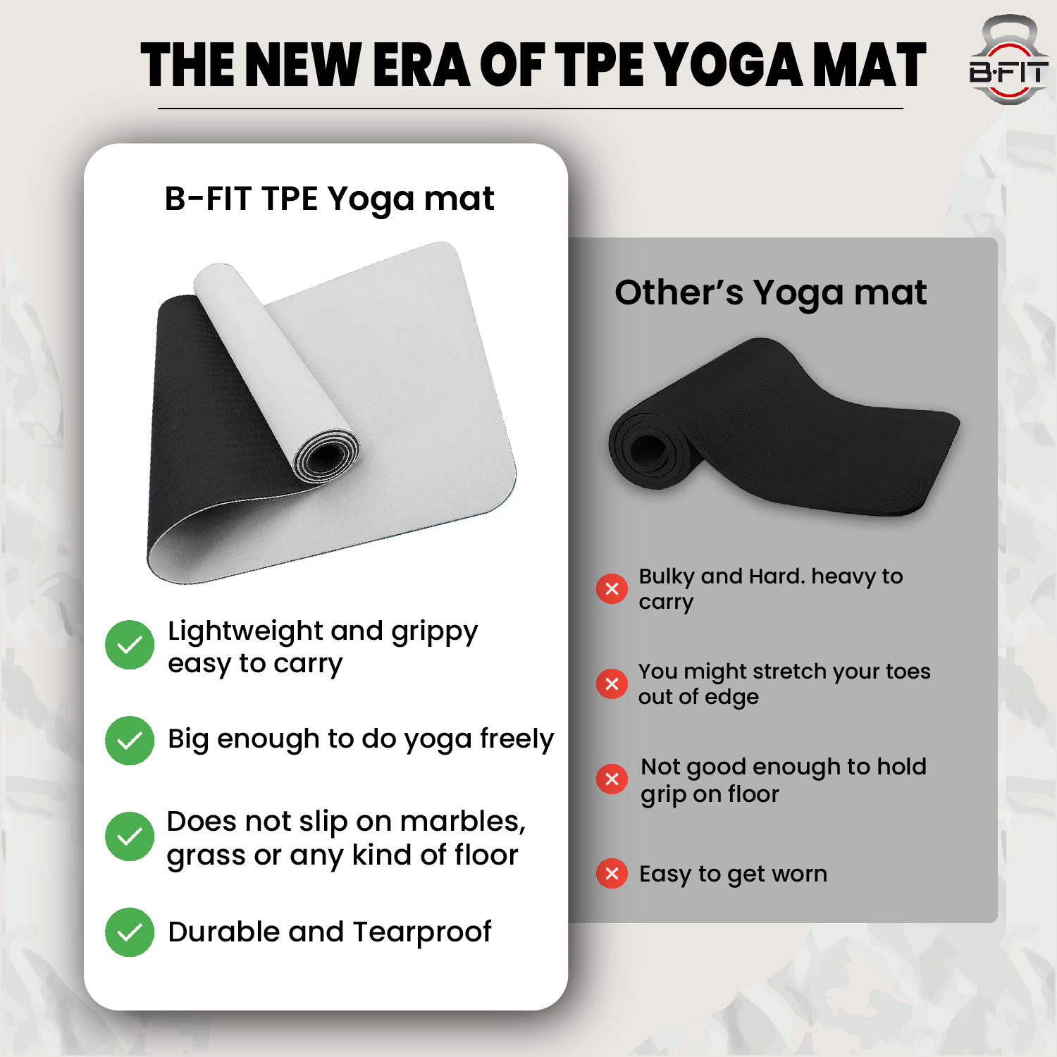 B Fit Premium TPE Yoga Mat Grayish White Color - Classic 6 MM Pro Yoga Mat Eco Friendly Non Slip Fitness Exercise Mat with Smart Carry Bag-Workout Mat for Yoga Pilates and Floor Exercises