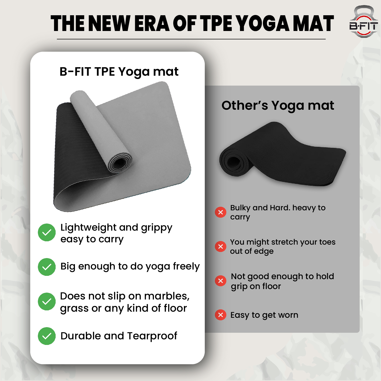 B Fit Premium TPE Yoga Mat Grey Color - Classic 6 MM Pro Yoga Mat Eco Friendly Non Slip Fitness Exercise Mat with Smart Carry Bag-Workout Mat for Yoga Pilates and Floor Exercises