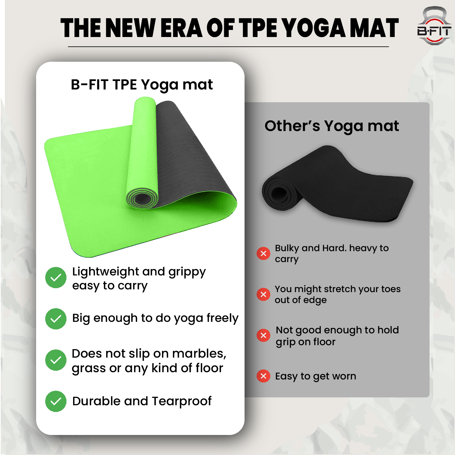 B Fit Premium TPE Yoga Mat Light Green Color - Classic 6 MM Pro Yoga Mat Eco Friendly Non Slip Fitness Exercise Mat with Smart Carry Bag-Workout Mat for Yoga Pilates and Floor Exercises