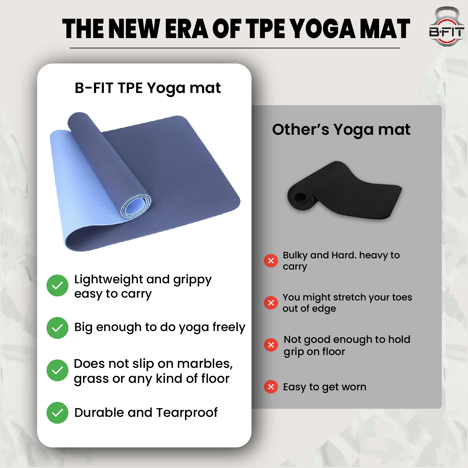 B Fit Premium TPE Yoga Mat Blue Color - Classic 6 MM Pro Yoga Mat Eco Friendly Non Slip Fitness Exercise Mat with Smart Carry Bag-Workout Mat for Yoga Pilates and Floor Exercises