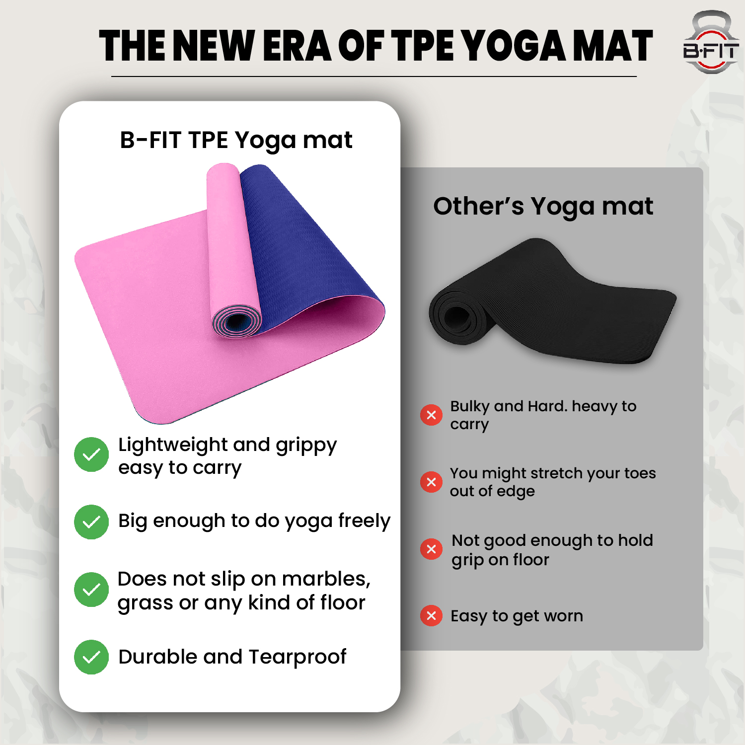 B Fit Premium TPE Yoga Mat Pink-Blue Color - Classic 6 MM Pro Yoga Mat Eco Friendly Non Slip Fitness Exercise Mat with Smart Carry Bag-Workout Mat for Yoga Pilates and Floor Exercises