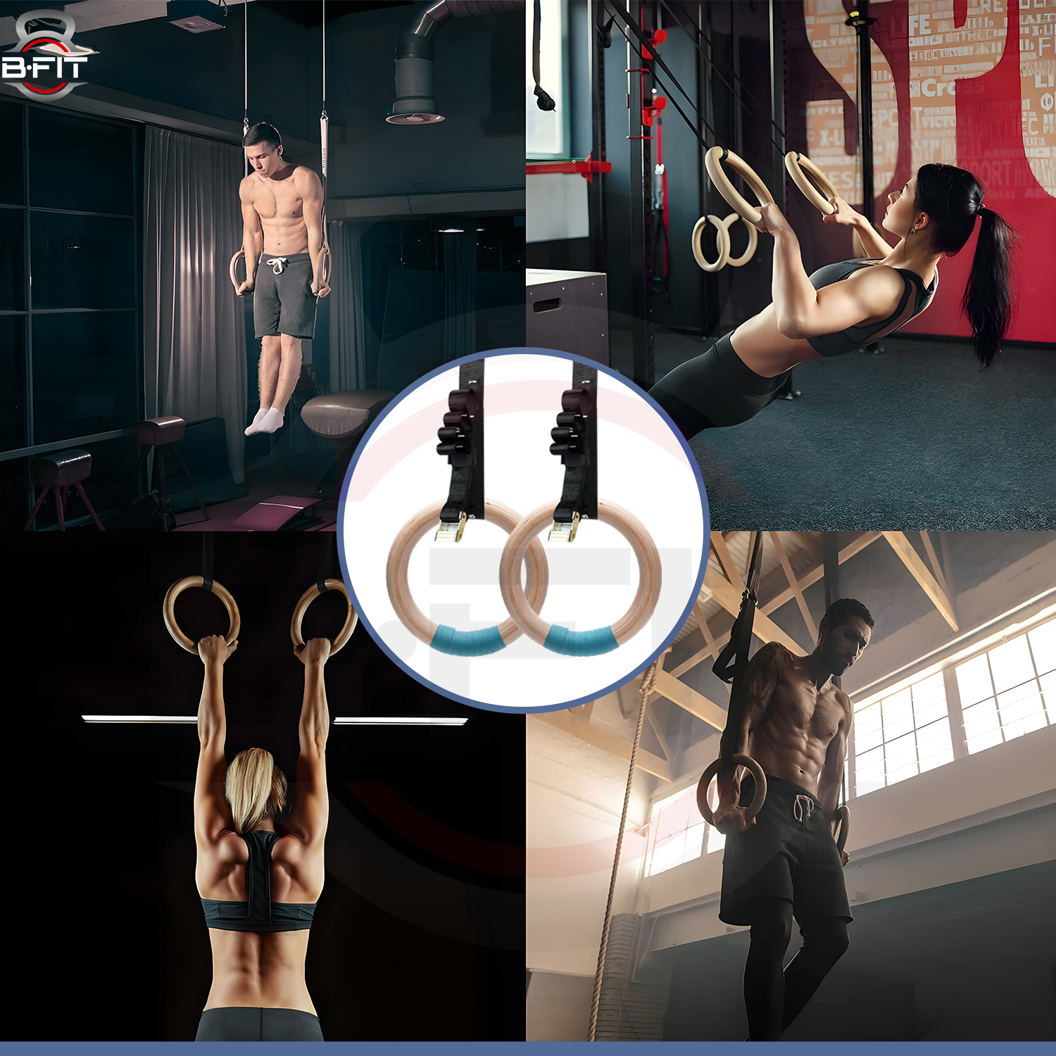 B Fit Gymnastic Rings Roman Rings Olympic Gym Wooden Rings with Heavy Duty Adjustable Straps for GymCross TrainingStrength TrainingPull Ups and Dips