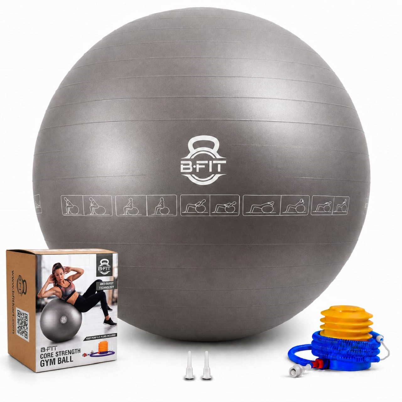 B Fit Exercise Printed Heavy Duty Silver Commercial Gym Ball 55-95 Cm - Non-Slip Stability Ball - Anti Burst Yoga Ball