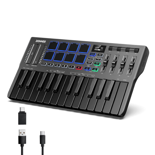 Image of Donner DMK25 Pro MIDI Keyboard Controller, 25 Mini Key Portable USB-C MIDI Keyboard with 8 Drum Pads, OLED Display, Personalized Touch Bar, Music Production Software and 40 Free Courses