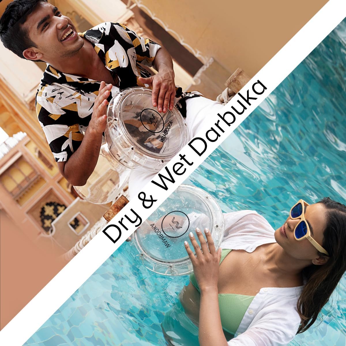 Wambooka Diamond Darbuka Drum with 8.75 inch Head, with Brass tuning keys and Padded Bag 17 inches Length (Crystal Clear PC)