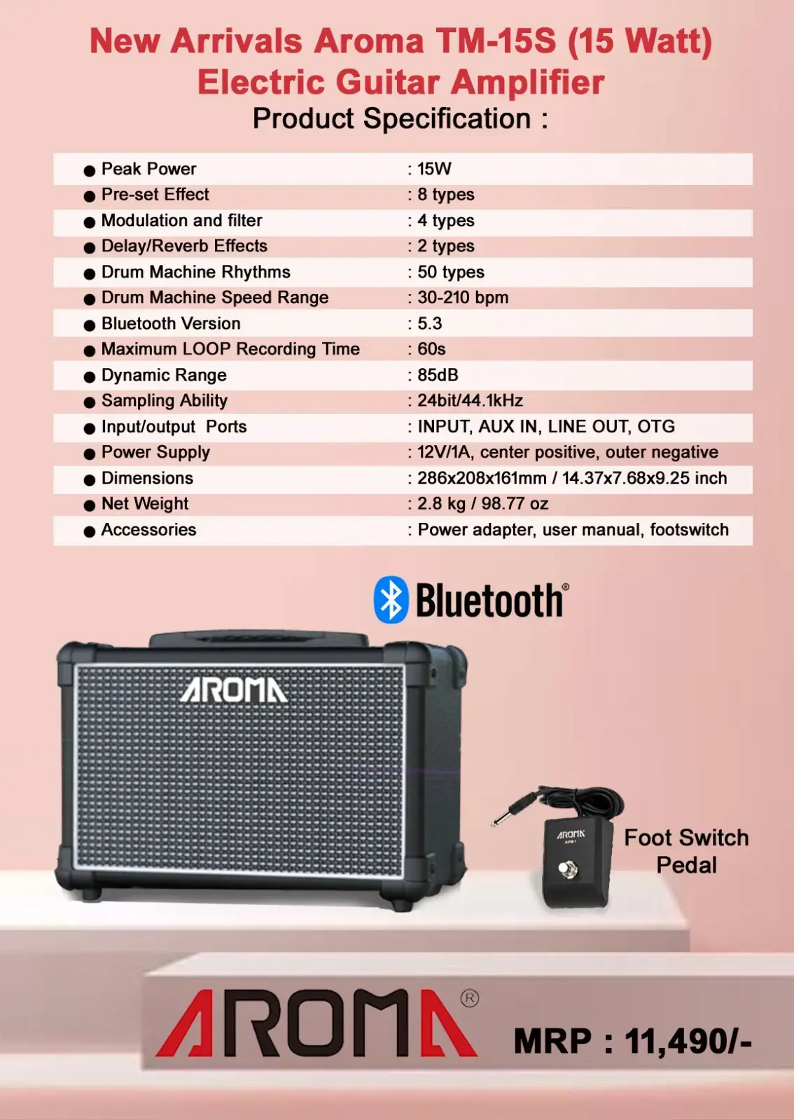 Aroma TM15S 15 Watts Electric Guitar Amplifier with Foot Switch Pedal