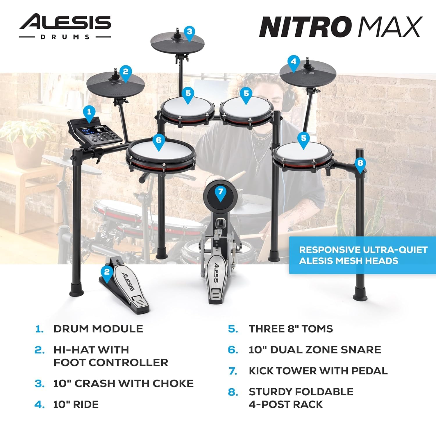 Alesis Nitro Max Kit Eight Piece Electronic Drum Kit Mesh Heads, Bluetooth