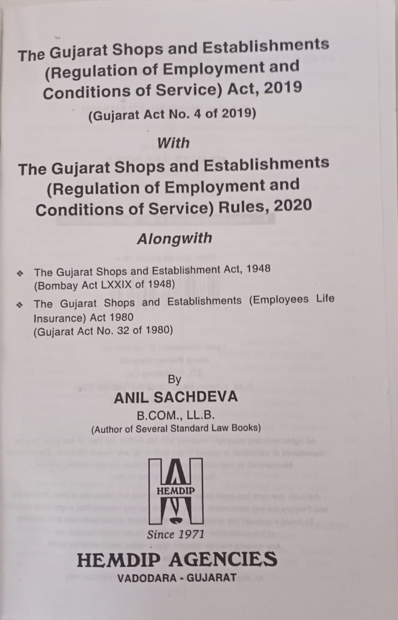 Gujarat shops and Establishments Regulation of employment and Condition of services Act 2019 by sachdeva