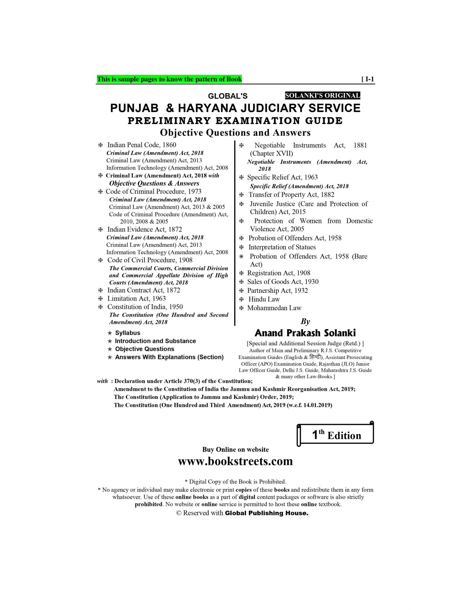 Haryana and Punjab Judicial Service Examination Book By Global Publishing House