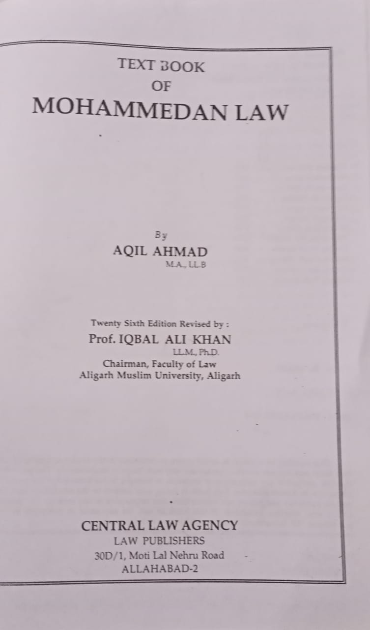 Mohammedan Law by prof IQBAL ALI KHAN