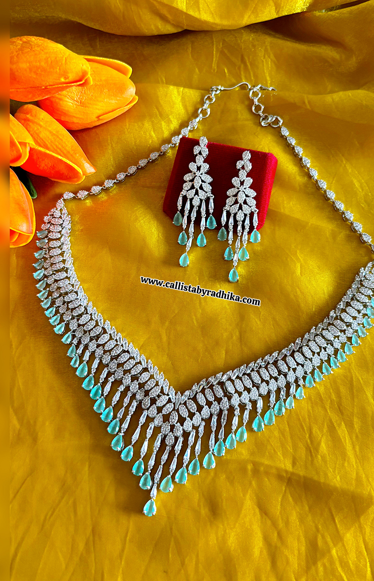 Mint Green Waterfall AD Necklace