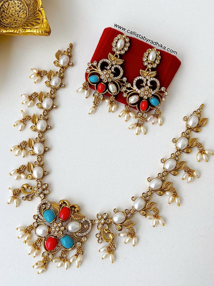 Image of Pearl Coral Turquoise Stone Neckpiece